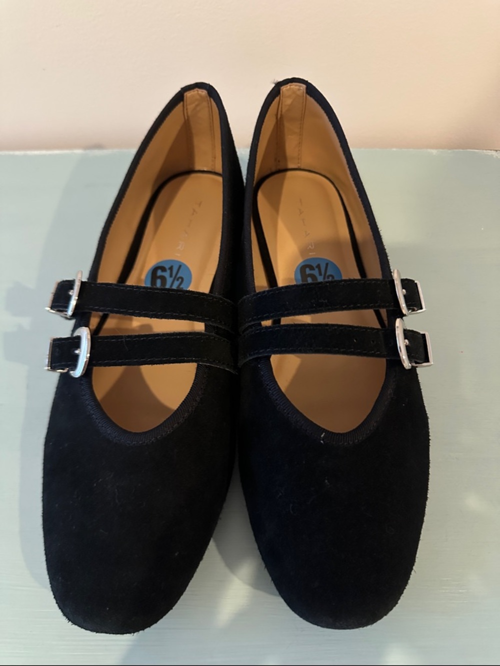 Black Double-Strap Suede Mary Jane Flats